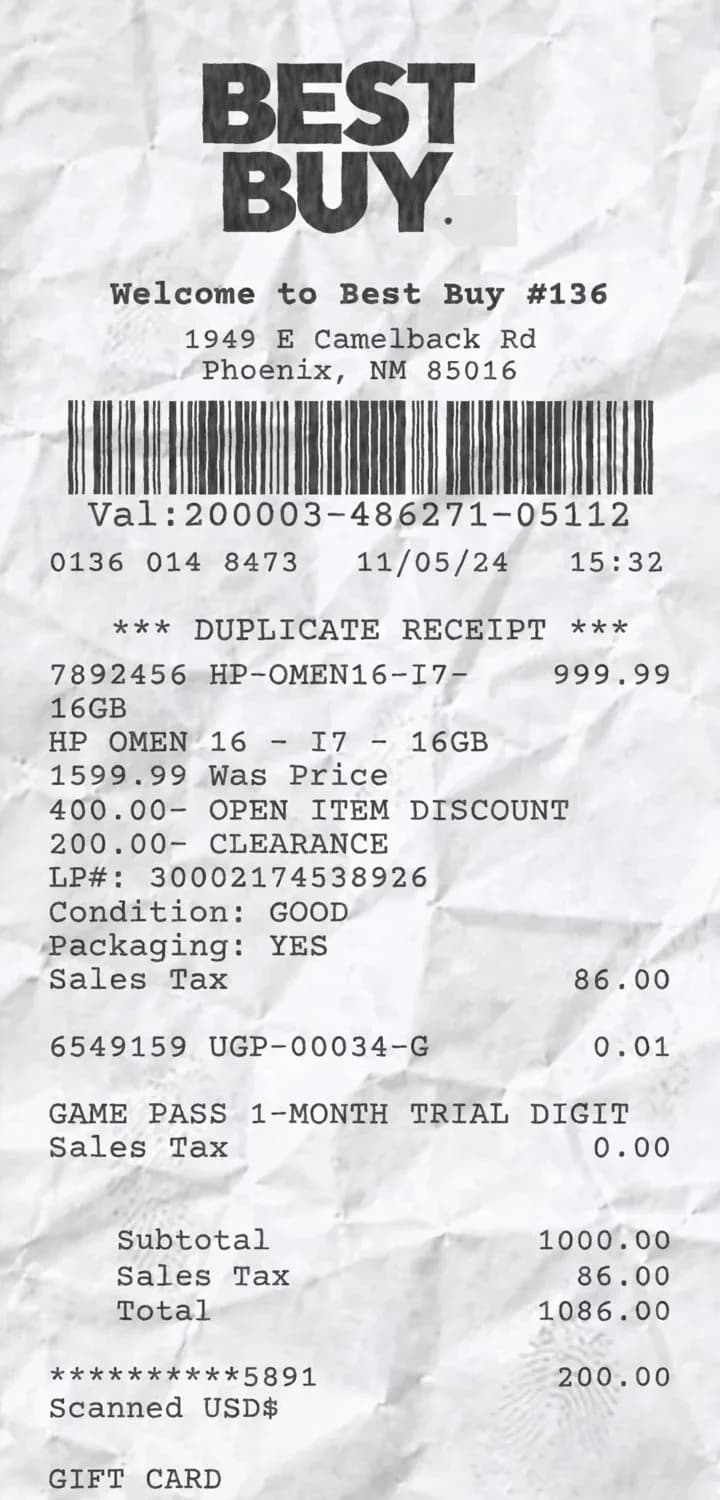 Anteprima di uno scontrino Best Buy con acquisti e totali dettagliati