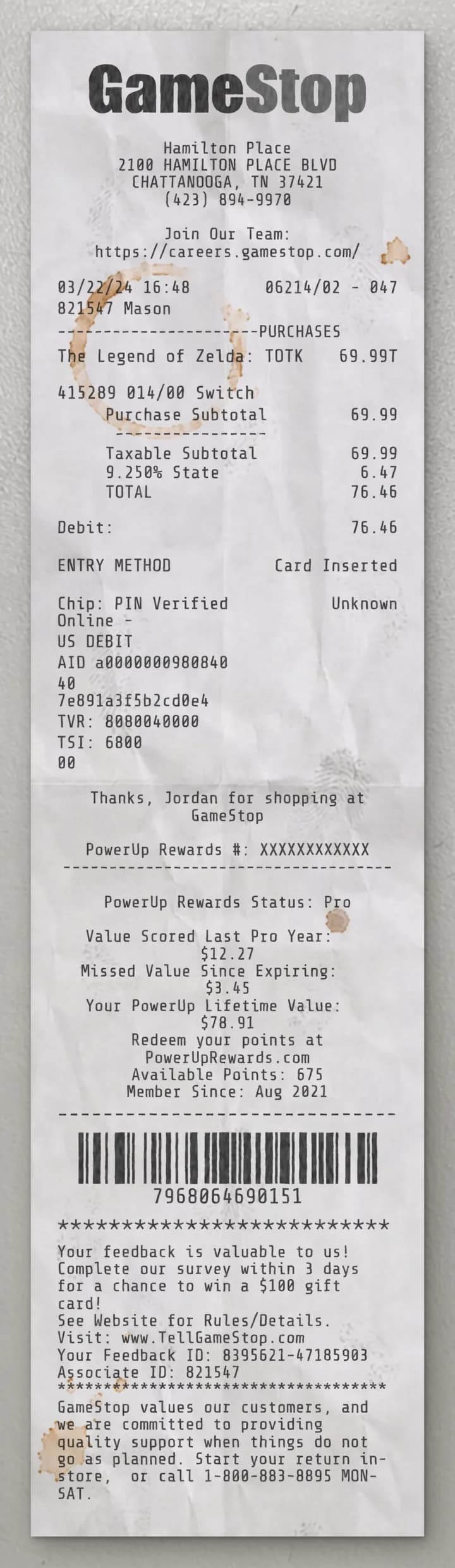 GameStop receipt sample with itemized gaming purchases and totals
