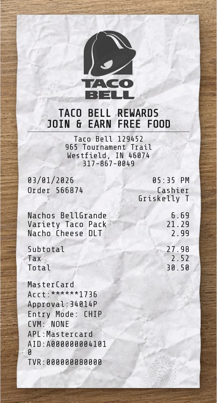 Anteprima dello scontrino Taco Bell