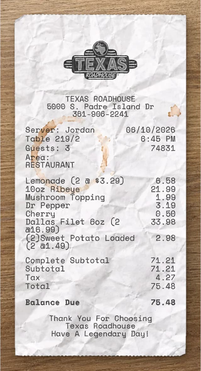 Anteprima dello scontrino Texas Roadhouse