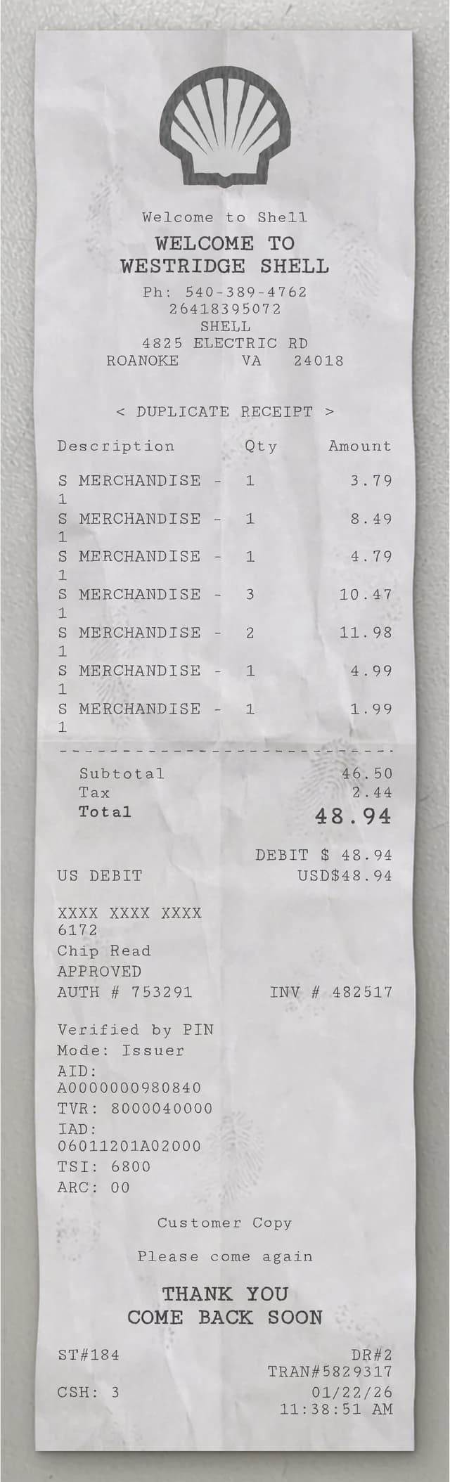 Anteprima dello scontrino Shell Store