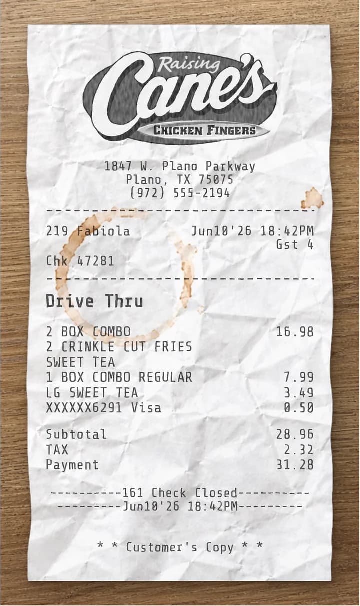 Anteprima dello scontrino Raising Cane's