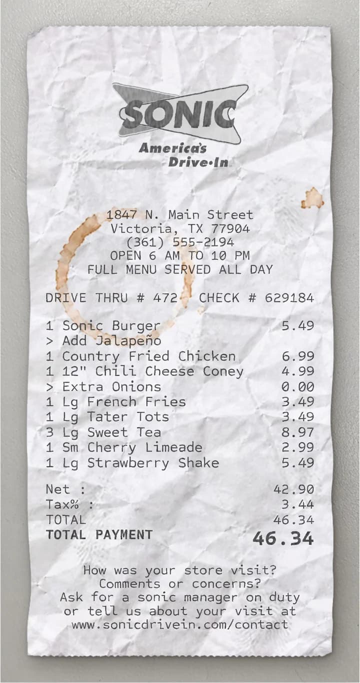 Anteprima dello scontrino Sonic Drive In