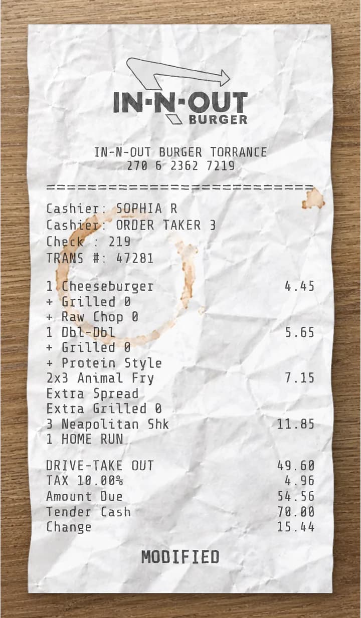 Anteprima dello scontrino IN N OUT Burger