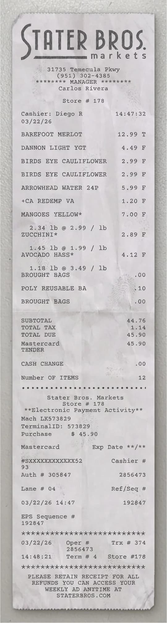 Anteprima dello scontrino Stater Bros.