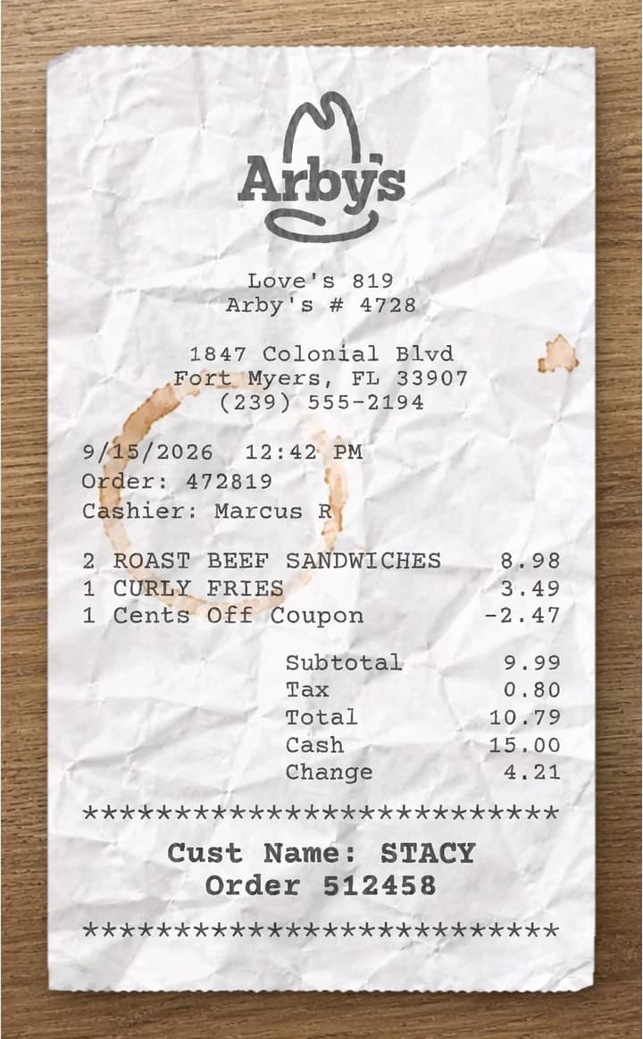 Anteprima dello scontrino Arby's