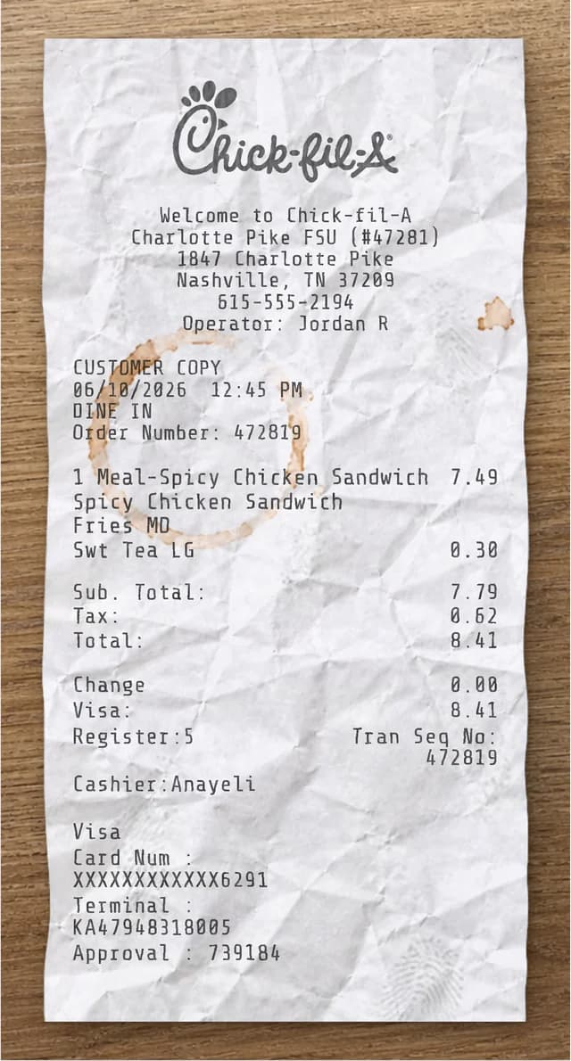 Anteprima dello scontrino Chick fil A