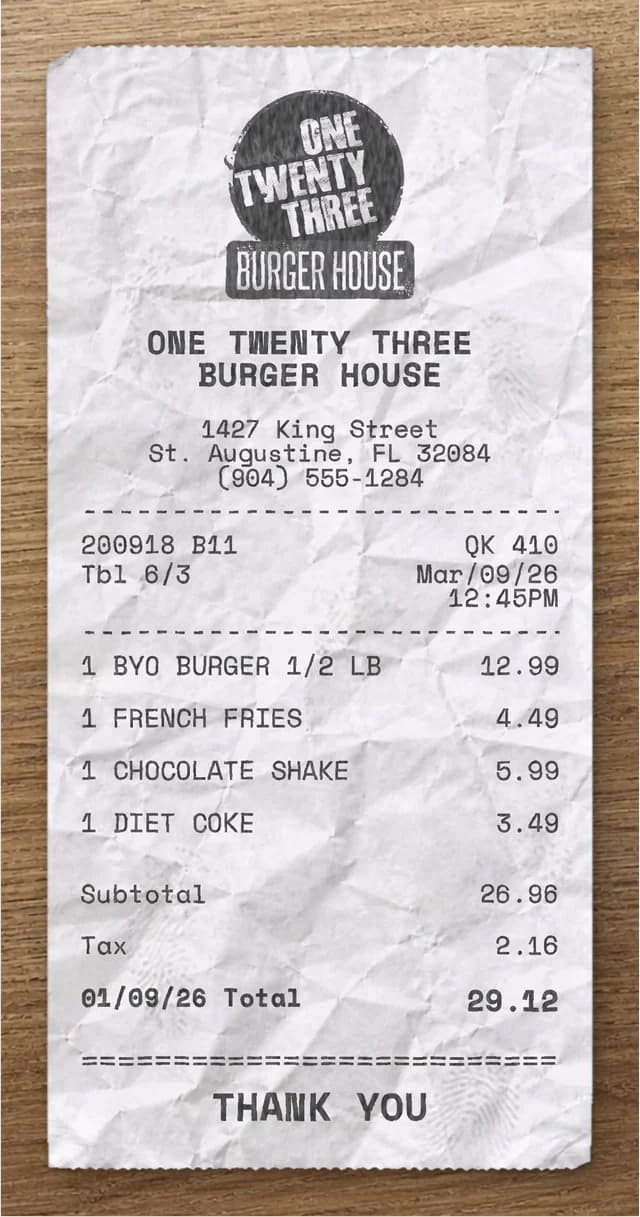 Anteprima dello scontrino One Twenty Three Burger House