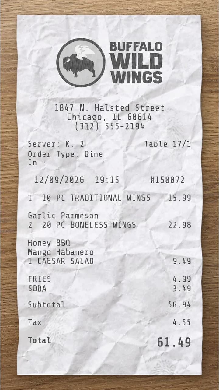 Anteprima dello scontrino Buffalo Wild Wings