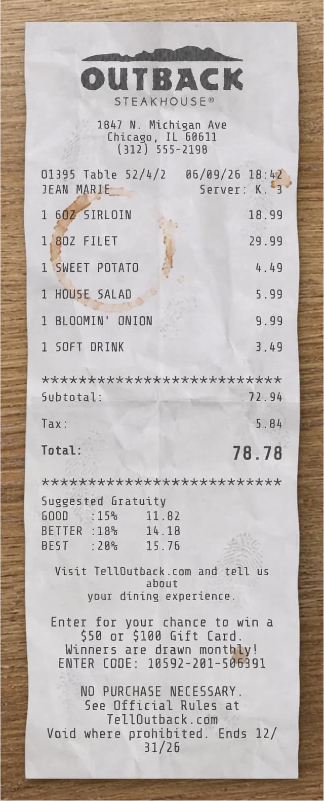 Anteprima dello scontrino Outback Steakhouse
