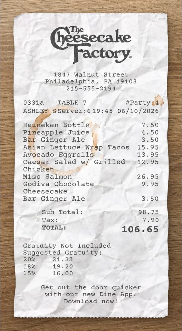 Anteprima dello scontrino The Cheesecake Factory
