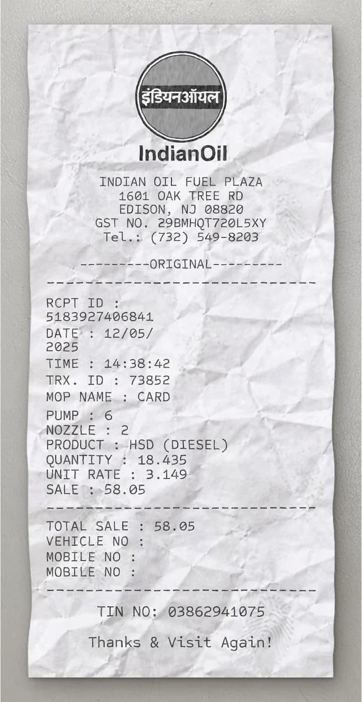Anteprima dello scontrino Indian Petrol Pump