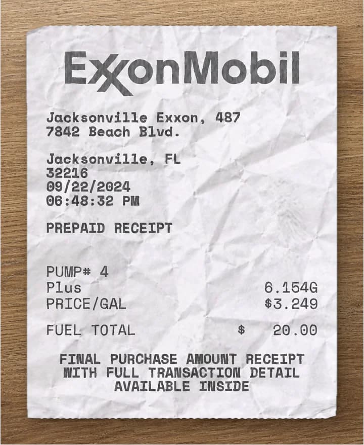 Anteprima del modello di scontrino ExxonMobil