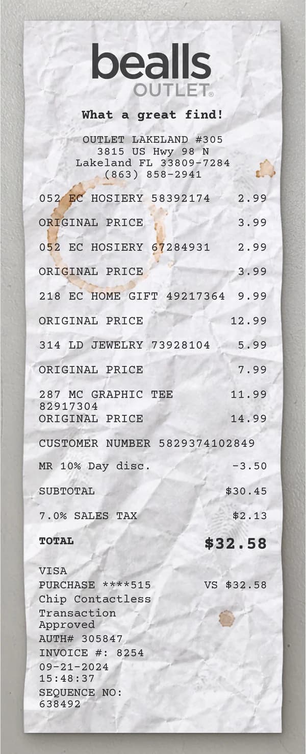 Anteprima dello scontrino Bealls Outlet