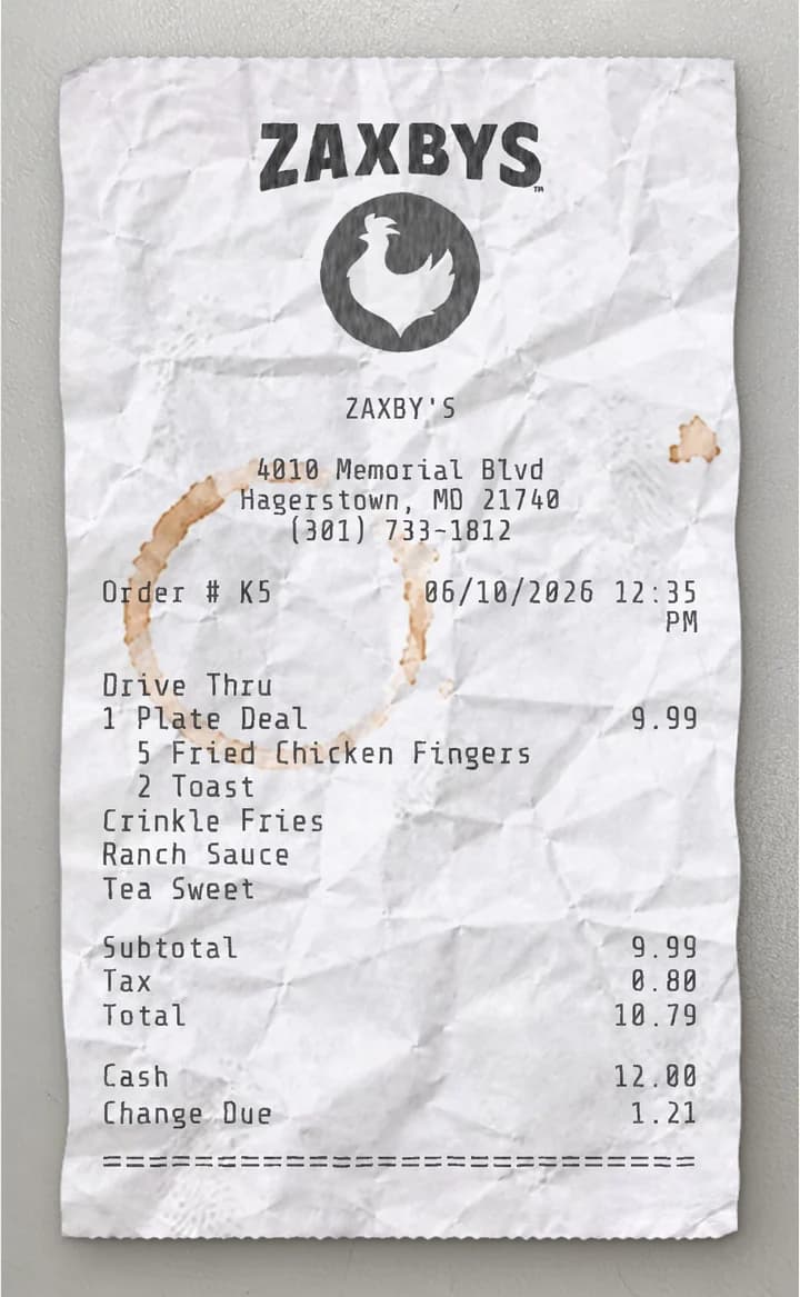 Anteprima dello scontrino Zaxby's