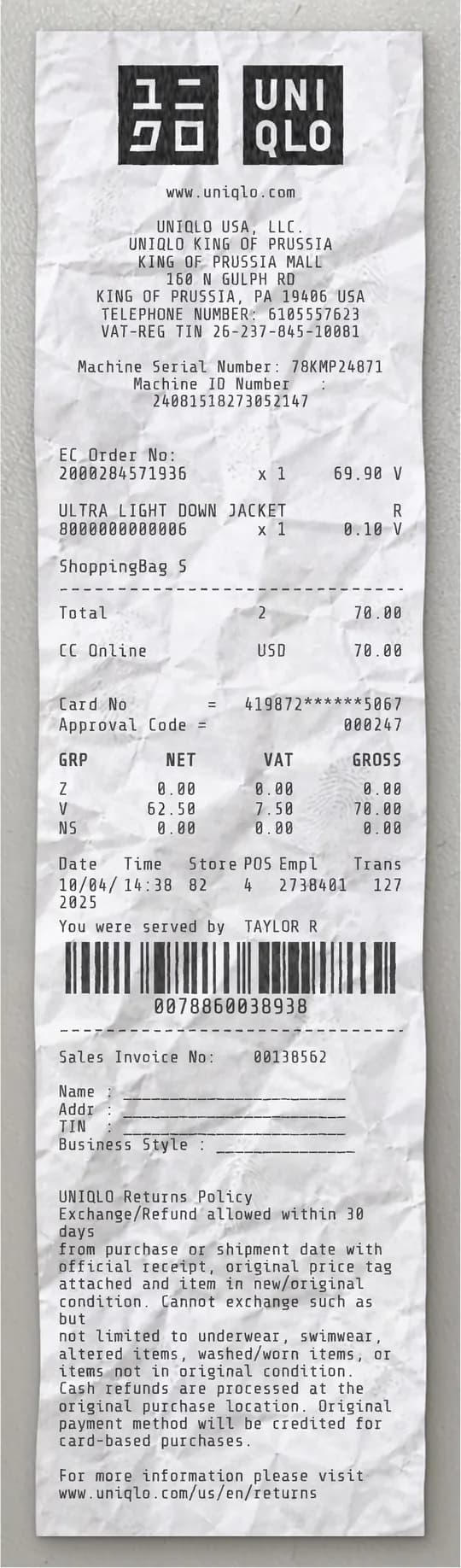 Anteprima dello scontrino UNIQLO