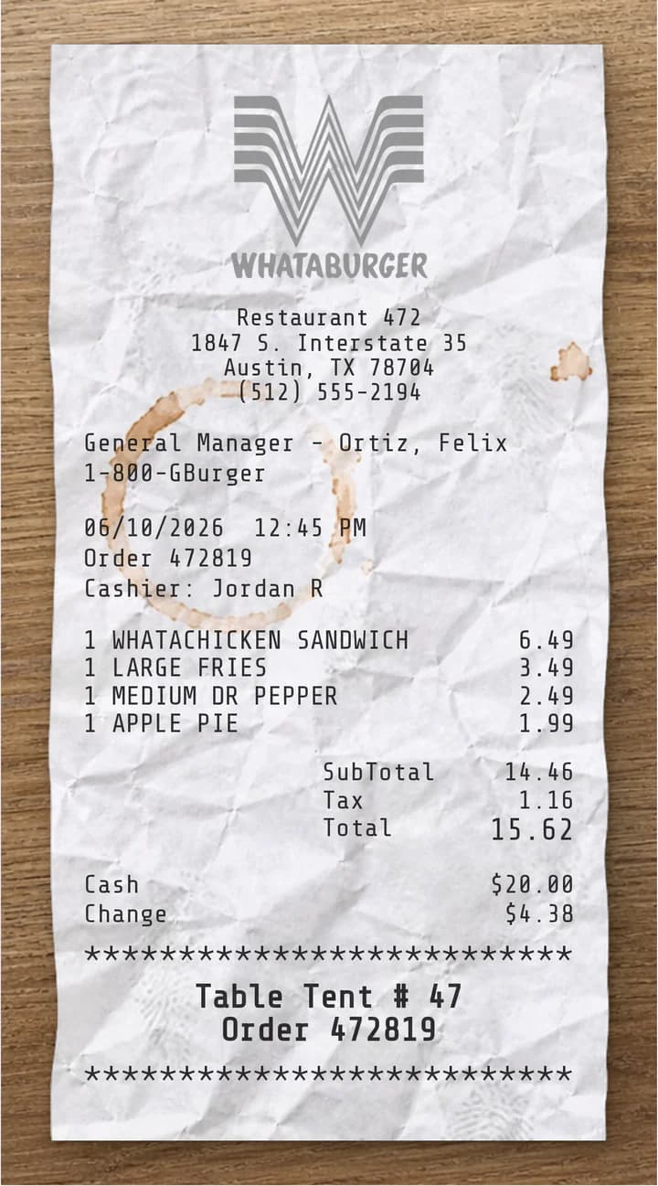 Anteprima dello scontrino Whataburger
