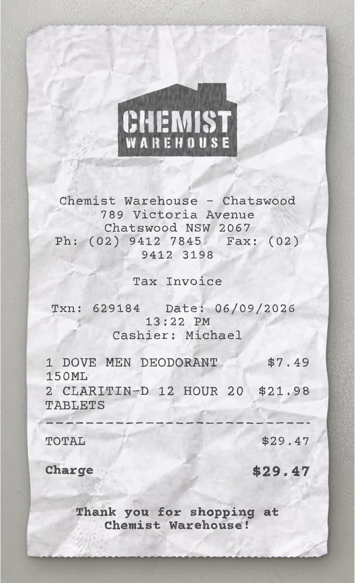 Anteprima dello scontrino Chemist Warehouse