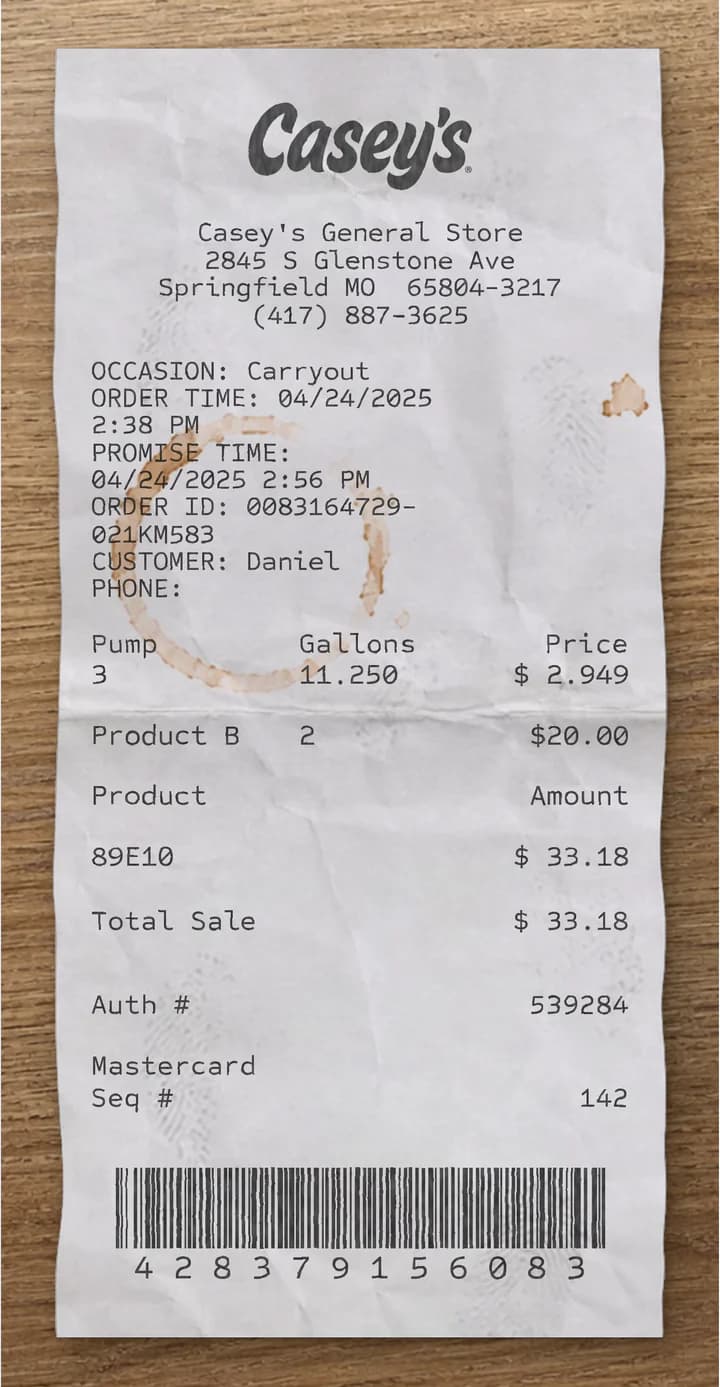 Anteprima dello scontrino Casey's