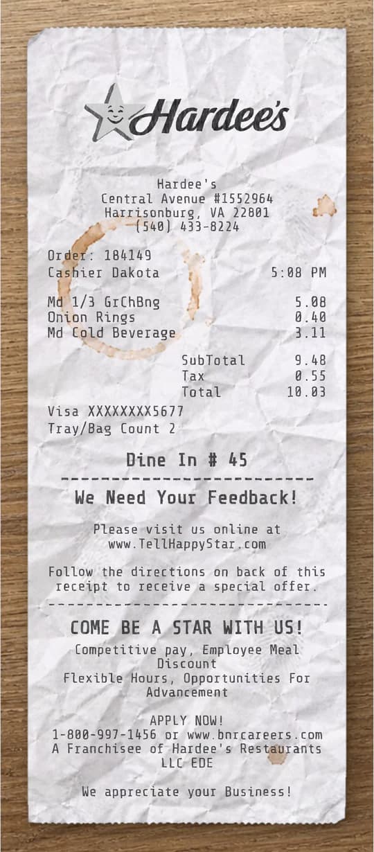 Anteprima dello scontrino Hardee's