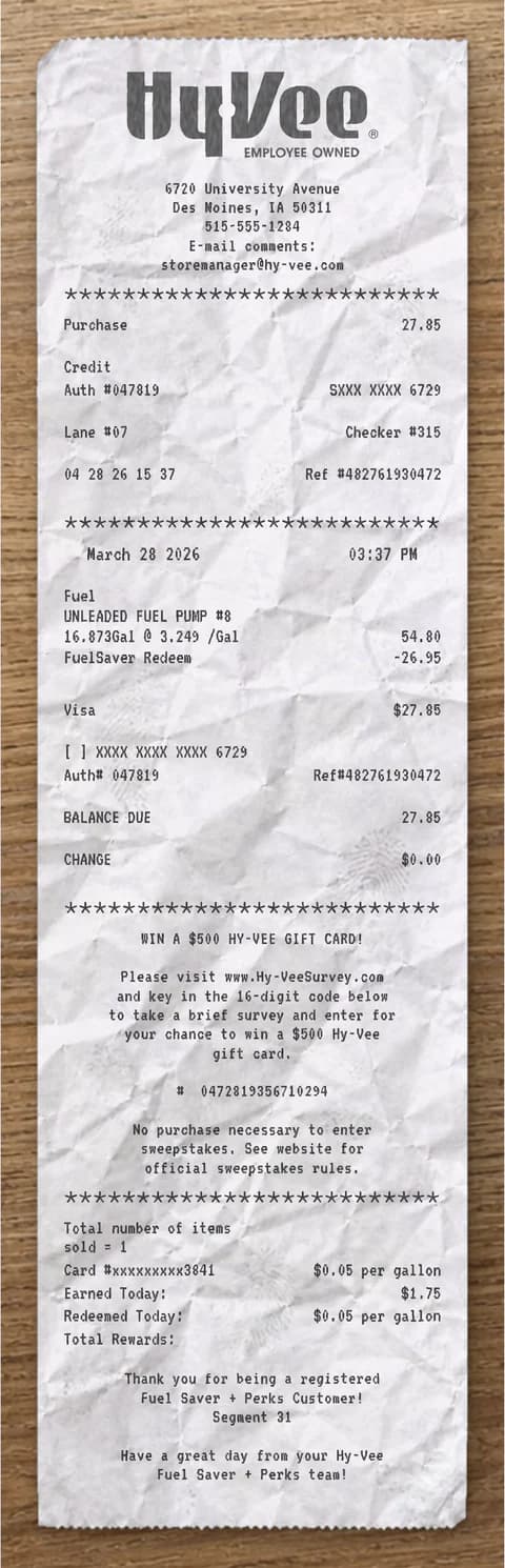 Anteprima del modello di scontrino Hy Vee
