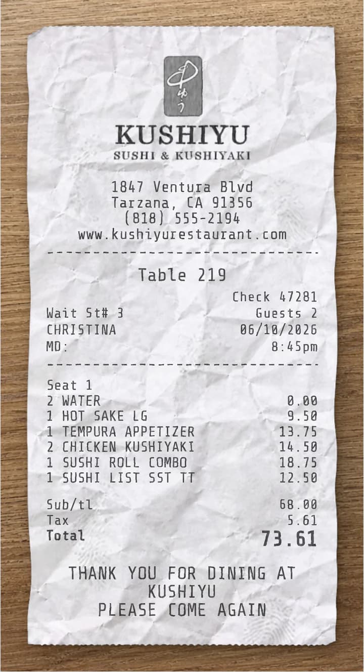 Anteprima dello scontrino Kushiyu Restaurant