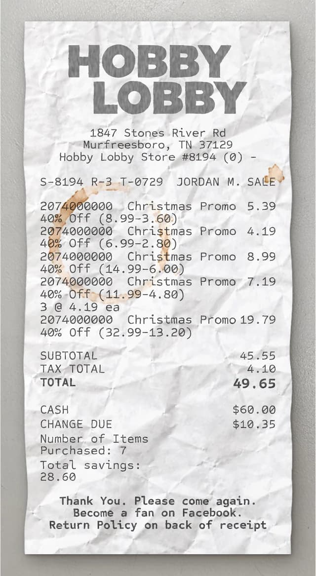 Anteprima dello scontrino Hobby Lobby