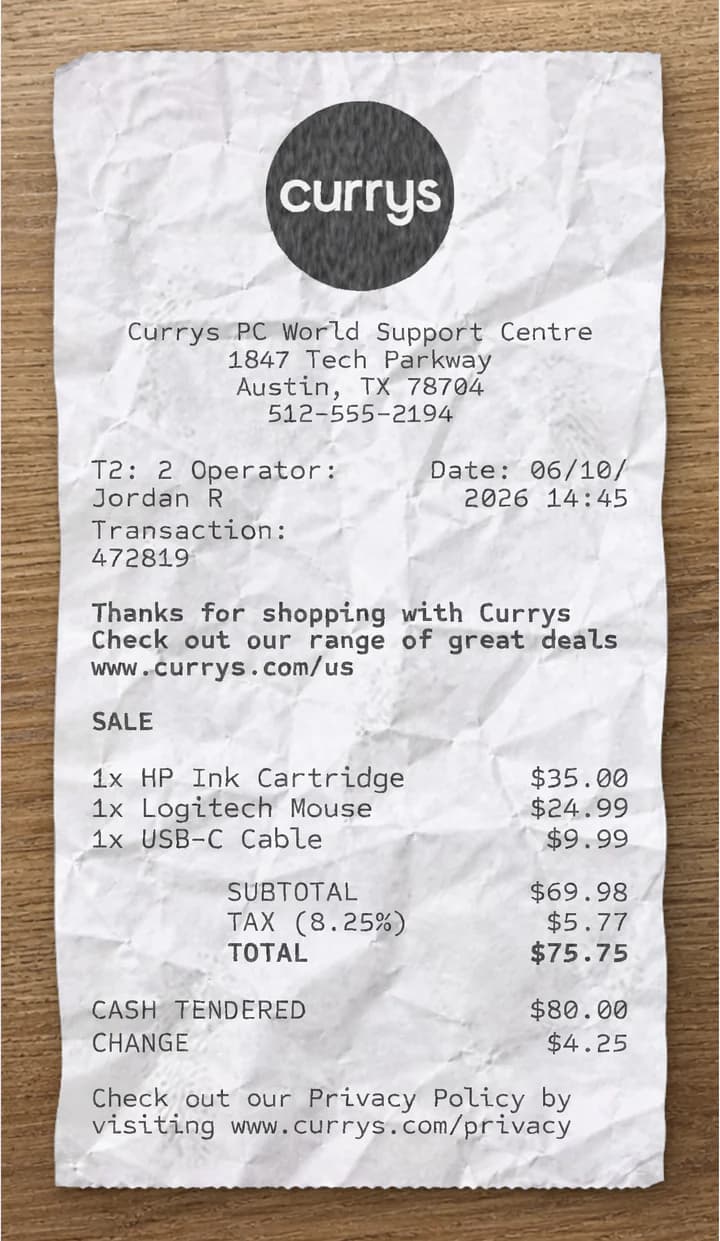 Anteprima dello scontrino Currys